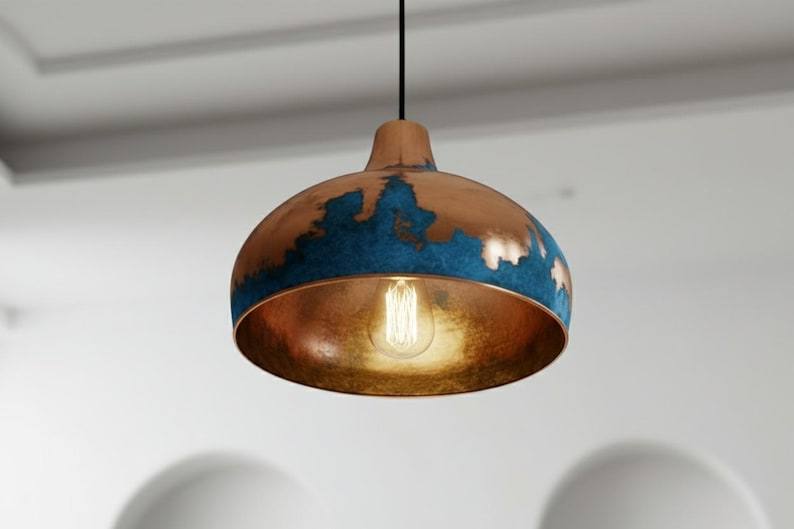 Blue Patina Copper Dome Pendant Light - Rustic Farmhouse Lighting