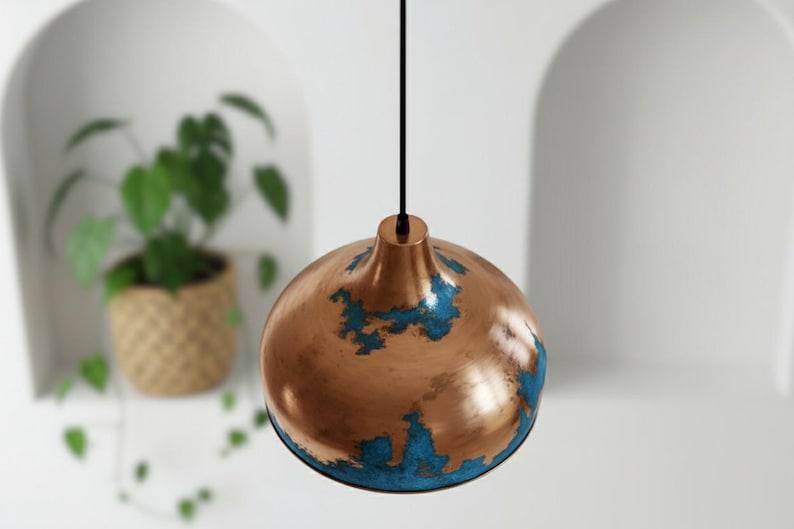 Blue Patina Copper Dome Pendant Light - Rustic Farmhouse Lighting