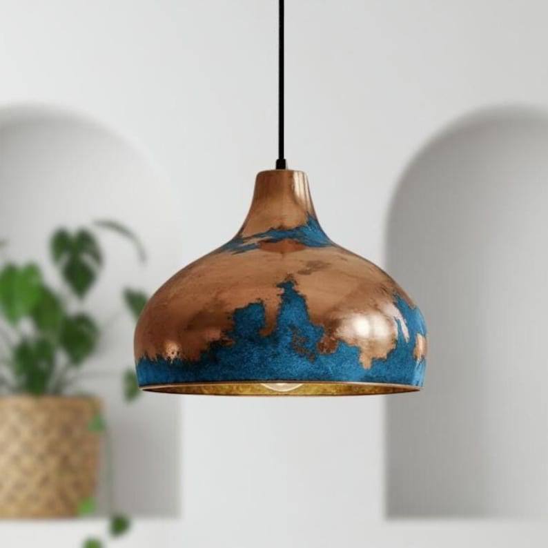 Blue Patina Copper Dome Pendant Light - Rustic Farmhouse Lighting