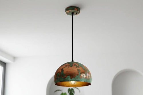 Green Patina Copper Dome Pendant Light - Rustic Farmhouse Lighting