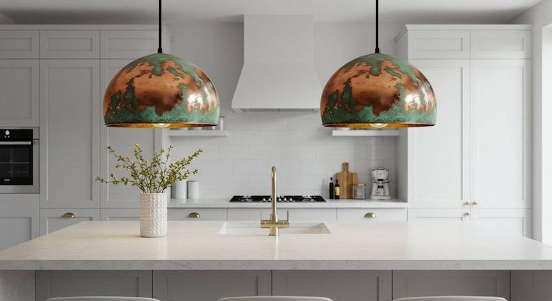 Green Patina Copper Dome Pendant Light - Rustic Farmhouse Lighting