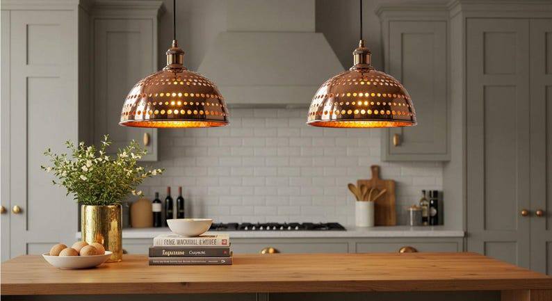 Oxidized Solid Copper Pendant Light, Ceiling Light Copper, Polished Copper Light Fixture, Hanging Light Copper, Kitchen Island Dome Light