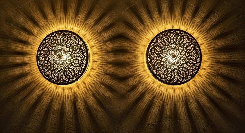 Moroccan round brass wall light