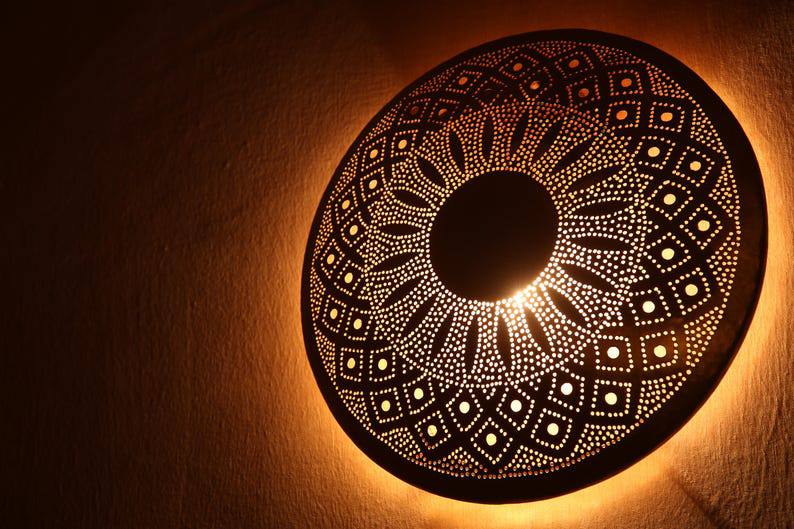 Moroccan round brass wall light