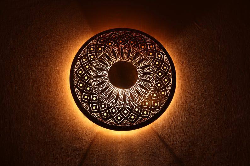 Moroccan round brass wall light