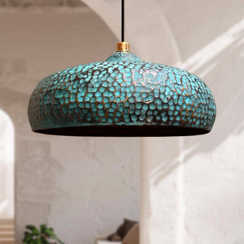 Handmade Blue Patina Brass Pendant Light - Hammered Dome Kitchen Lighting