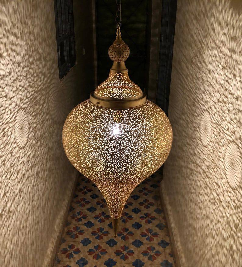 Handmade Moroccan Brass Pendant Light: Exotic Ceiling Chandelier