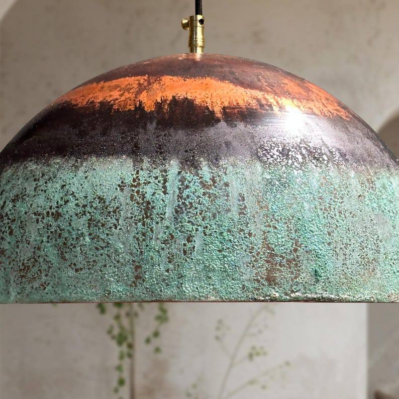 Green Patina Copper Pendant Light: Rustic Farmhouse Kitchen Lighting