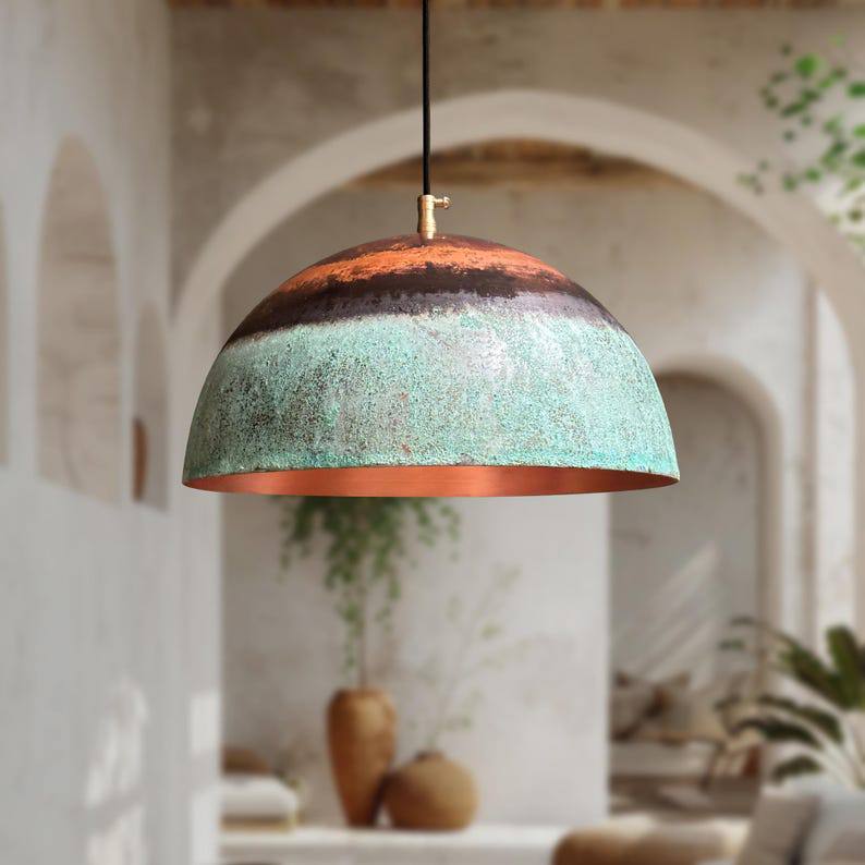 Green Patina Copper Pendant Light: Rustic Farmhouse Kitchen Lighting
