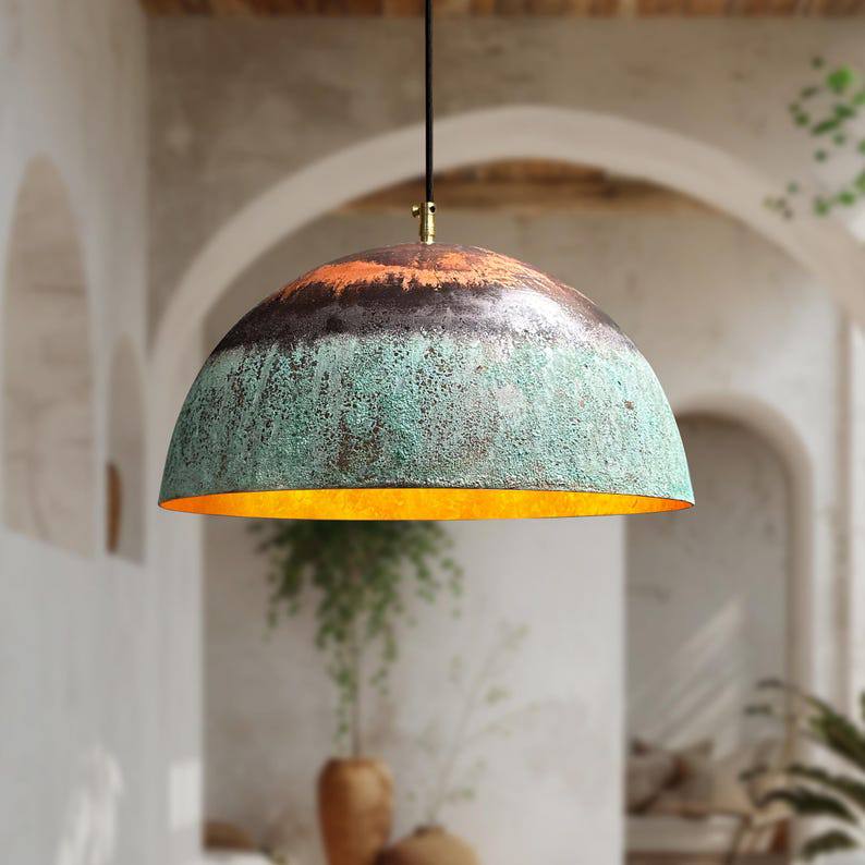 Green Patina Copper Pendant Light: Rustic Farmhouse Kitchen Lighting