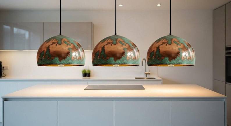 Blue Patina Copper Dome Pendant Light - Rustic Farmhouse Lighting